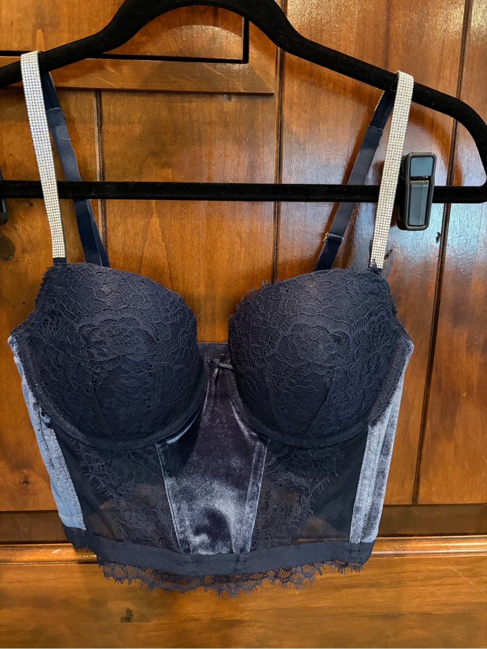 💙 NWT Victoria’s Secret Navy Lace Longline Bustier with Rhinestone Straps